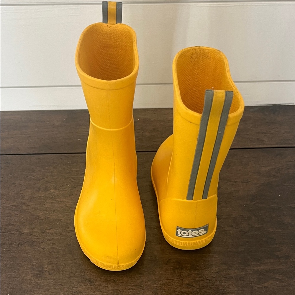 totes Kids Bright Yellow Waterproof Rain Boots with Gray Pull Tabs